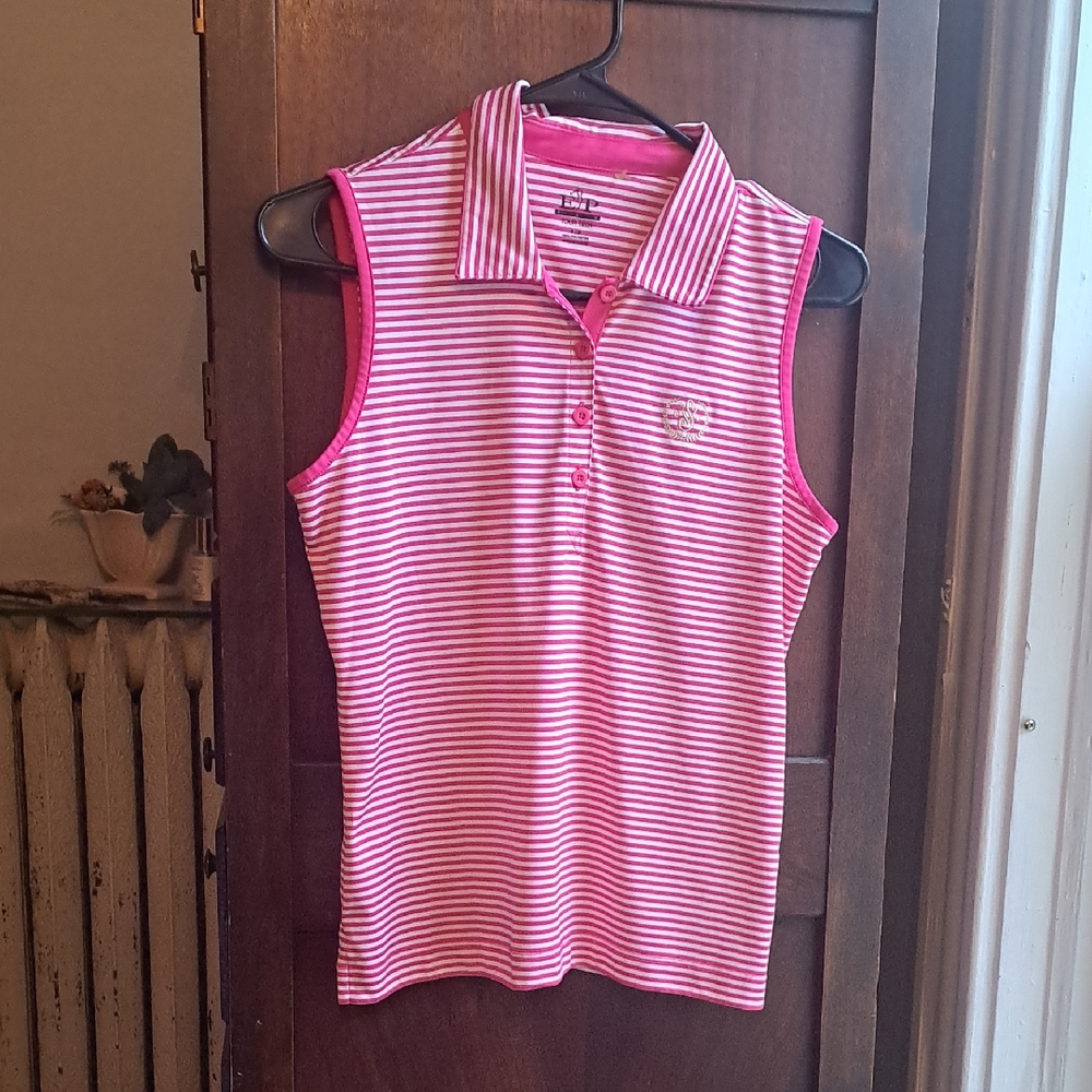 EP Tour Tech Woman's Size S Pink And White Stripe Sleeveless Golf Polo
